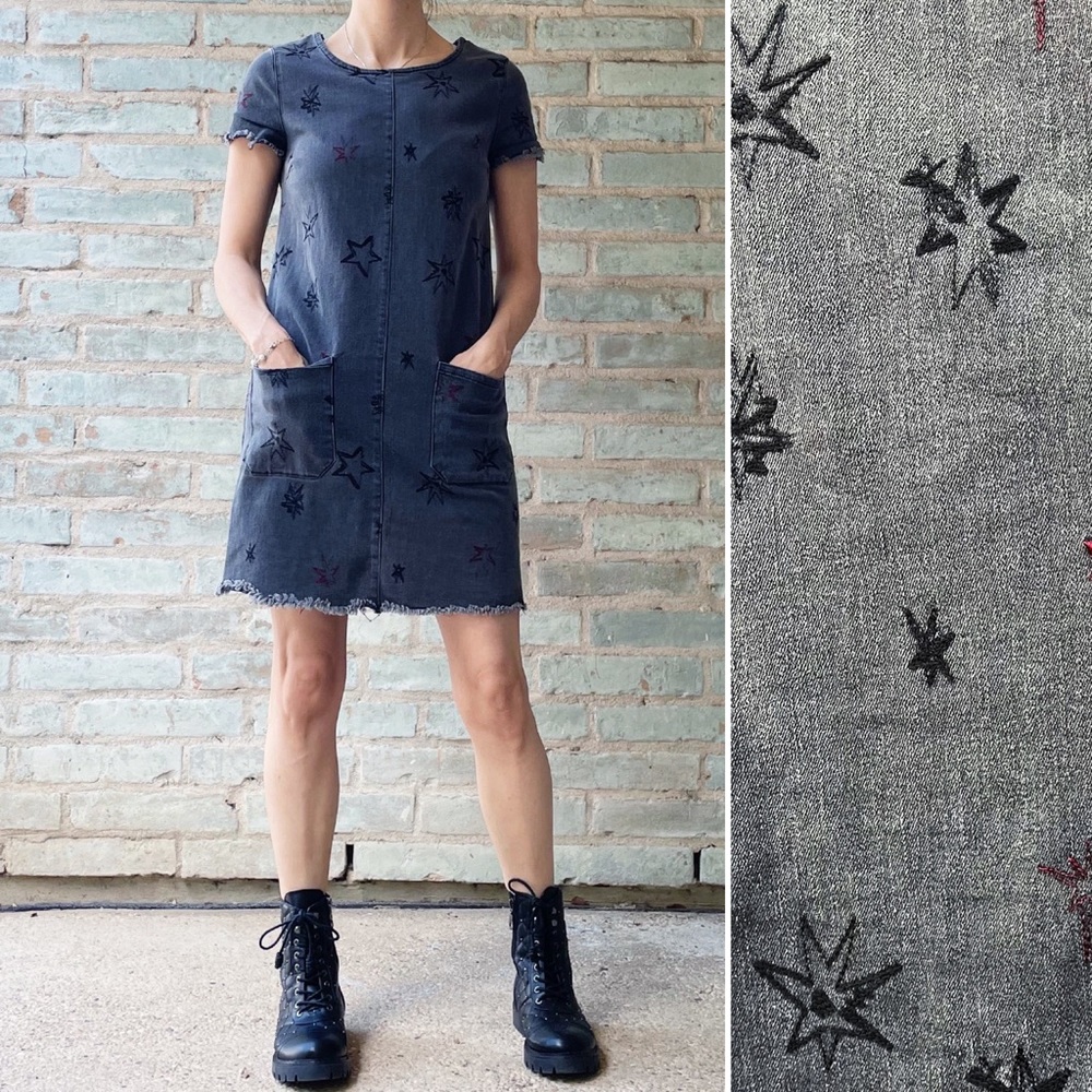 Vintage Denim Dress Embroidered Gray Star Shift Mini Pockets Grunge 90s Retro
